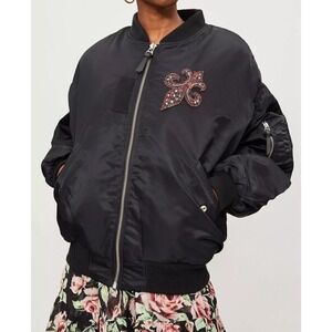 The KOOPLES Black Bomber Jacket‎ fleur de lis Designer Embellished Small NWT